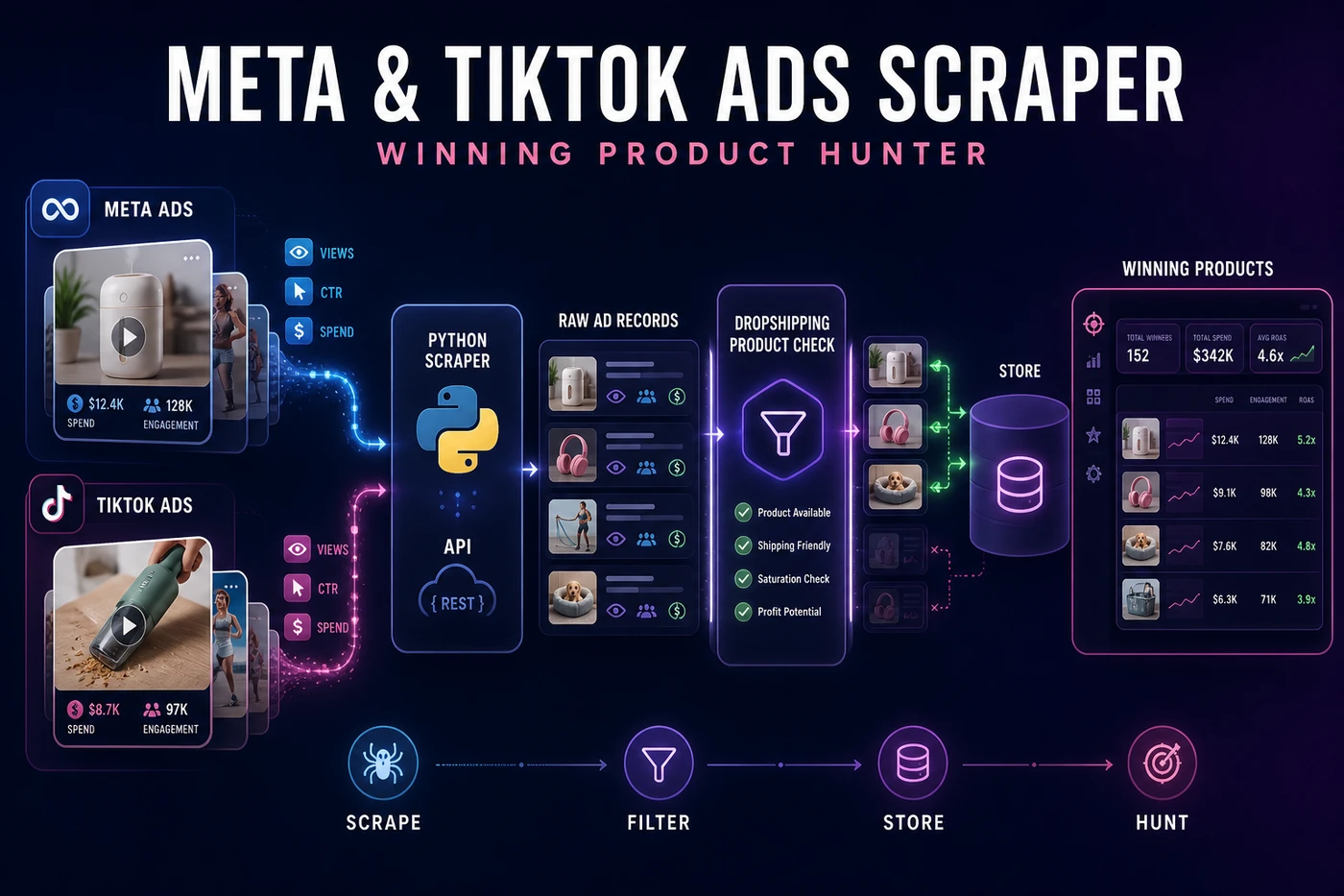 Meta TikTok Ads Scraper pipeline overview: Python API collection, dropshipping product filter, and validated ads flowing into a winning-product database