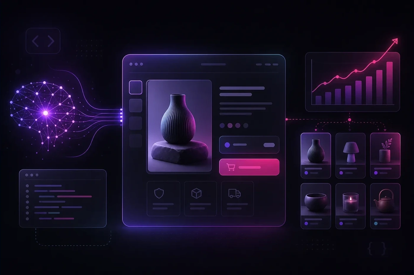 Shopify AI Store Builder architecture overview: AI automation feeding a generated storefront product page, with imported product cards and a rising sales chart